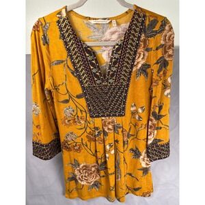 Soft Surroundings Yellow Floral Embroidered V Neck 3/4 Sleeve Tunic Top XS